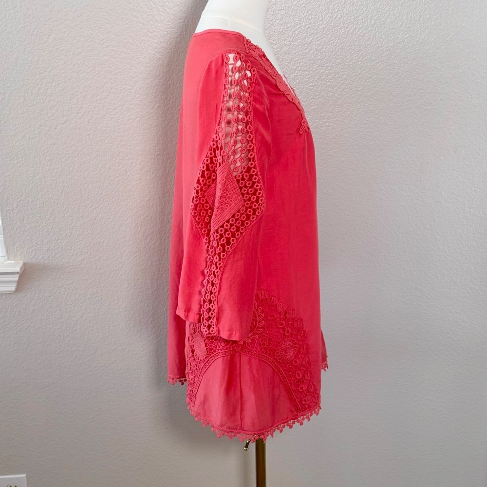 XCVI Coral Pink Cotton Silk Crochet Lace Tunic Top Bohemian Romantic Beachy Sz M - Picture 7 of 16